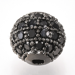 Латунные микро проложить кубического циркония бусы, круглые, чёрные, металлический черный, 12 мм