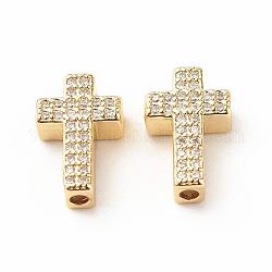 Rack Plating Brass Cubic Zirconia Beads, Cadmium Free & Lead Free, Real 18K Gold Plated, Cross, Clear, 15x9x4mm, Hole: 1.7mm