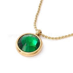 Ожерелье с плоским круглым кулоном и зеленым хрусталем папоротника, ионное покрытие (ip) 304 ювелирное изделие из нержавеющей стали для женщин, золотые, 16.30 дюйм (41.4 см)