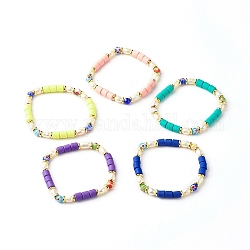 Bracciali elasticizzati fatti a mano in argilla polimerica, con vetro millefiori e perle e perline in ottone, colore misto, diametro interno: 2-1/8 pollice (5.5 cm)