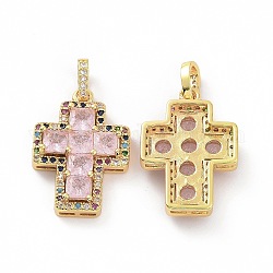 Pendentifs en laiton zircon cubique transparent, croix, religion, perle rose, 24x17x5mm, Trou: 3.5x5~5.5mm