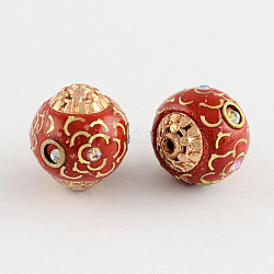 Round Handmade Grade A Rhinestone Indonesia Beads, with Alloy Rose Gold Metal Color Cores, FireBrick, 14x14x13mm, Hole: 1.5mm