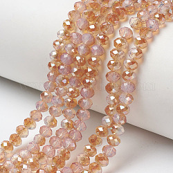Electroplate Glass Beads Strands, Imitation Jade Beads, Half Plated, Rainbow Plated, Faceted, Rondelle, PeachPuff, 8x6mm, Hole: 1mm, about 65~68pcs/strand, 15.7~16.1 inch(40~41cm)