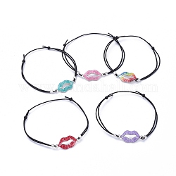 Bracelets élastiques réglables, avec perles en laiton et maillons en alliage émaillé imprimés, lèvre, couleur mixte, diamètre intérieur: 2-3/8 pouce ~ 4-1/8 pouces (5.9~10.5 cm)