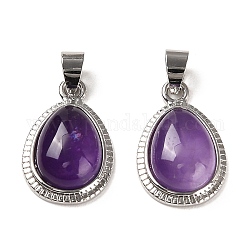 Natural Amethyst Pendants, Teardrop Charms with Rack Plating Brass Findings, Cadmium Free & Lead Free, 23x14.5x6mm, Hole: 4x6mm