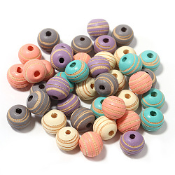 Perles en bois peintes par pulvérisation, pour bricolage, fabrication de bijoux, rond avec motif gravé, couleur mixte, rayure, 10mm, Trou: 3mm