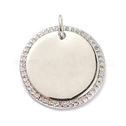 Brass Micro Pave Clear Cubic Zirconia Pendants, with Jump Ring, Stamping Blank Tag, Long-Lasting Plated, Flat Round, Real Platinum Plated, 20x2mm, Jump Ring: 6x1mm, 4mm Inner Diameter