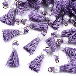 Polycotton(Polyester Cotton) Tassel Pendant Decorations, Mini Tassel, with Golden Tone Iron Findings and ABS Plastic Imitation Pearl, Dark Orchid, 23mm, Jump ring: 5x0.8mm, 3.4mm inner diameter