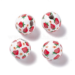 Perles européennes en bois imprimé de fruits, perle avec trou grande, ronde, rouge, Motif de fraises, 16x14.5mm, Trou: 4.2mm