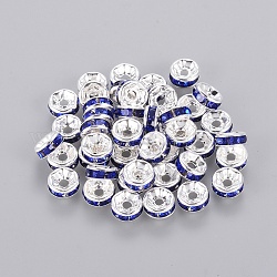 Perline distanziatori strass in ottone, grado a, flangia diritta, colore argento placcato, rondelle, zaffiro, 6x3mm, Foro: 1 mm