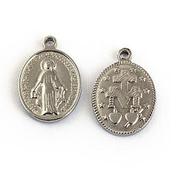 304 Stainless Steel Pendants, Oval with Virgin Mary, Stainless Steel Color, 19x13x2mm, Hole: 2mm
