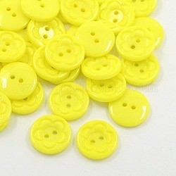 Bottoni da cucire acrilico per design di vestito, bottoni plastico, 2-foro, tinto, tondo piatto con modello di fiore, giallo, 16x3mm, Foro: 1 mm