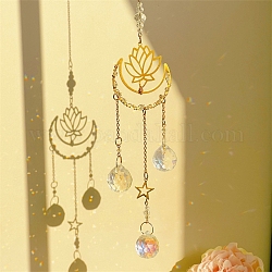 Fenêtre de lune de lotus en métal suspendus suncatchers, avec le charme de verre, pour les décorations suspendues de la maison, or, 430mm
