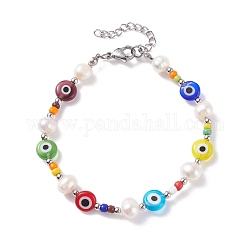 Bracelet en perles de protection contre le mauvais œil et perles naturelles pour femme, colorées, 7-1/2 pouce (19 cm)