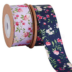 GORGECRAFT 2 Rolls 25mm x 5m Floral Printed Grosgrain Ribbon Single Side Flower Printed Polyester Ribbon Tape for DIY Handmade Crafts Gift Wrapping Supplies Home Decorations, Marine Blue+Plum