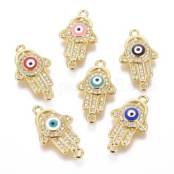 Brass Micro Pave Cubic Zirconia Links, with Enamel, Hamsa Hand/Hand of Fatima/Hand of Miriam, Golden, Mixed Color, 22x12.5x3mm, Hole: 1.2mm