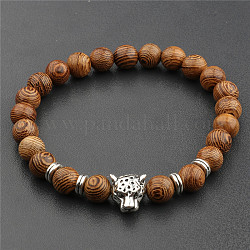 Bracelet extensible en perles de bois et d'alliage, leopard, 6-3/4~7-1/2 pouce (17~19 cm)