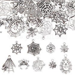 SUNNYCLUE 54Pcs 9 Styles Halloween Jewelry Tibetan Style Alloy Pendants, Spider & Spider Web, Antique Silver, 17~34.5x14~23.5x2~3.5mm, Hole: 0.8~2.5mm, 6pcs/style