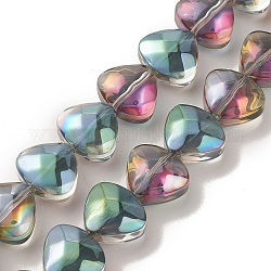 Fili di perline di vetro elettrolitico trasparente, mezzo arcobaleno placcato, cuore, ciano scuro, 12x13x7mm, Foro: 1 mm, circa 55pcs/filo, 25.51'' (64.8 cm)