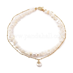 Chip Naturschale Doppelschicht Halsketten, mit 304 Edelstahl-Toggle-Haken, Messing Perlen, Zirkonia und flach rund mit Herz natürlichen Perlen Anhänger, Muschelfarbe, 15.91 Zoll (40.4 cm)