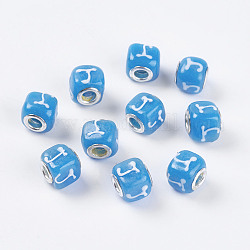 Handmade Lampwork European Beads, Large Hole Beads, with Silver Plated Brass Core, Cube, with Letter J, Cube, Sky Blue, about 11mm wide, 12mm long, hole: 5mm