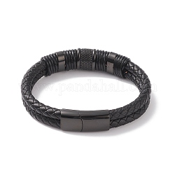 Кожаные браслеты плетеного шнура, с 304 из нержавеющей стали магнитные застежки, чёрные, электрофорез черный, 8-5/8 дюйм (22 см), 12.5 мм