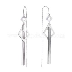Rhodium Plated 925 Sterling Silver Rhombus with Chain Tassel Dangle Earrings, Long Drop Ear Thread for Women, Platinum, 78x15.3mm, Pin: 0.8mm
