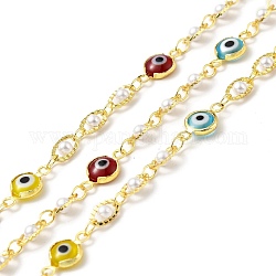 Handmade Eco-friendly Brass Flat Round & Oval Link Chain, with Glass Evil Eye & CCB Pearl Beaded, Long-Lasting Plated, Golden, Soldered, with Spool, Colorful, 13x7x3mm, 7x4x3mm