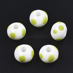 Perles en porcelaine manuelles, famille rose de style, rondelle avec motif à pois, vert jaune, 12.5x9.5mm, Trou: 3.5mm