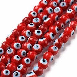 Hechos a mano de cristal de murano mal ojo hebras de perlas redondas, rojo, 6mm, agujero: 1 mm, aproximamente 64 pcs / cadena, 14.57'' (37 cm)