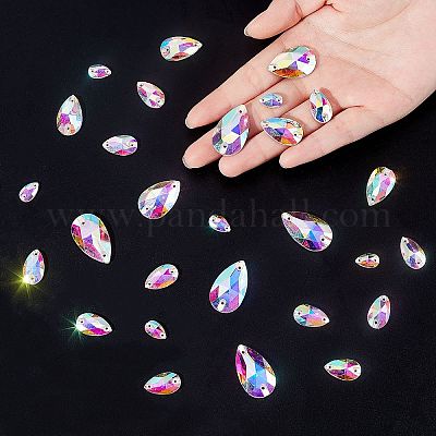 Fingerinspire 5 Size Sew on Rhinestone, Glass Rhinestone Faceted Cabochons,  Teardrop, Double Hole Cabochons, Light Siam AB, 70Pcs/box