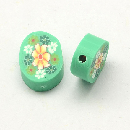 Handmade Polymer Clay Flat Oval with Flower Beads CLAY-Q215-06E-1
