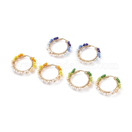 6шт 3 цветные стеклянные плетеные серьги-кольца с цветком EJEW-TA00118-1