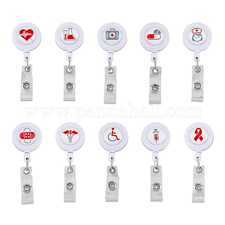 SUPERFINDINGS 10 Patterns White Retractable Nurses Badge Reels Plastic Medical Themed ID Tag Clips Flat Round Nursing Card Badge Holder for Office School Hospital Nurses Doctor Teacher Gift AJEW-FH0003-31-1