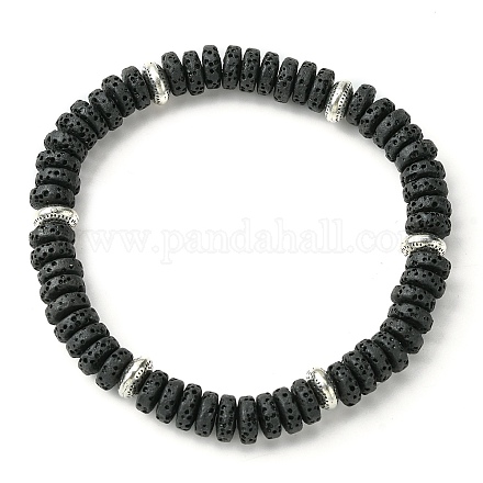 Braccialetti elasticizzati da uomo con perline piatte rotonde in pietra lavica tinta naturale BJEW-JB09714-02-1