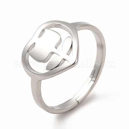 304 cuore in acciaio inossidabile con anello regolabile a fiore per donna RJEW-B027-30P-1
