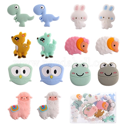 SUNNYCLUE 1 Box 14Pcs Animal Silicone Beads Cute Silicone Focal Beads Bulk Rabbit Sheep Frog Large Beads Owl Colorful Rubber Chunky Beads for Jewellery Making Beading Kits DIY Pens Lanyards Keychain SIL-SC0001-19-1