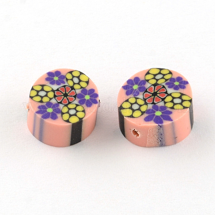 Handmade Flat Round with Flower Polymer Clay Beads CLAY-R060-34-1