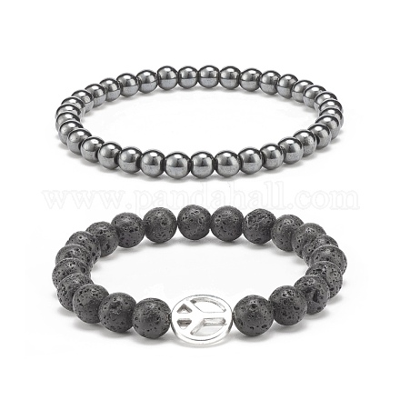 2Pcs 2 Style Natural Lava Rock & Synthetic Hematite Round Beaded Stretch Bracelets Set with Alloy Peace Sign BJEW-JB08311-1