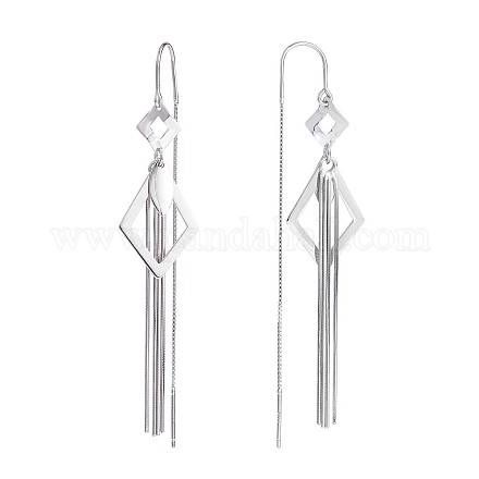 Rhodium Plated 925 Sterling Silver Rhombus with Chain Tassel Dangle Earrings JE1048A-1