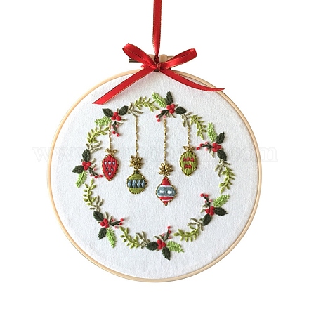 クリスマスをテーマにしたDIY刺繡セット  模造竹刺繡フレームを含む  鉄製ピン  刺繡布  綿のカラフルな刺繡糸  ホワイト  30x30x0.05cm DIY-P021-B02-1