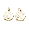 Brass Enamel Pendants, with Jump Rings, Flat Round with Musical Note Charms, Rack Plating, Real 18K Gold Plated, Lead Free & Cadmium Free, Long-Lasting Plated, White, 16.5x14x2mm, Hole: 3.3mm