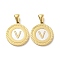 Ion Plating(IP) 304 Stainless Steel Pendants, Flat Round Shell Charms with Letter, Golden, Letter V, 20.5x17.5x1.5mm, Hole: 2.5x4.5mm
