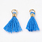 Polycotton(Polyester Cotton) Tassel Pendant Decorations, Mini Tassel, with Brass Clasps & Iron Rings, Light Gold, Dodger Blue, 10~15x3~4mm, Hole: 2mm