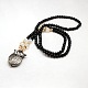 Retro Long Black Glass Beaded Alloy Owl Pendant Necklace Quartz Pocket Watches WACH-M036-07-2