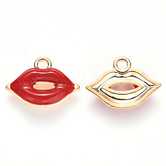 Pendentifs d'émail en alliage, pendentifs de maquillage, forme de lèvre, or clair, rouge, 13x18x3mm, Trou: 2mm
