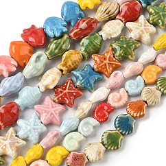 Abalorios de porcelana hechas a mano, tema del océano, porcelánico esmaltado brillante, formas mixtas, 13.5~21.5x10~22x5~10mm, agujero: 1.8~2.4 mm, aproximamente 20~27 pcs / cadena, 13.78~15.94 pulgada (35~40.5 cm)
