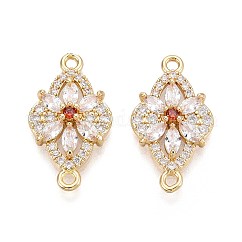 Ciondoli con connettore in ottone con pavé di zirconi cubici trasparenti e rosso arancio, link di fiori, placcato di lunga durata, oro, 13x24x4.5mm, Foro: 1.6~1.8 mm