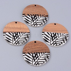 Colgantes de resina y madera de nogal, dos tonos, plano y redondo con hojas, negro, 35x2~3mm, agujero: 2 mm