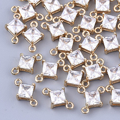 Transparente Glasverbindungsverbinder, mit Messing-Zubehör, facettiert, Rhombus, Licht Gold, Transparent, 11x7x4 mm, Bohrung: 1 mm, Seitenlänge: 5 mm